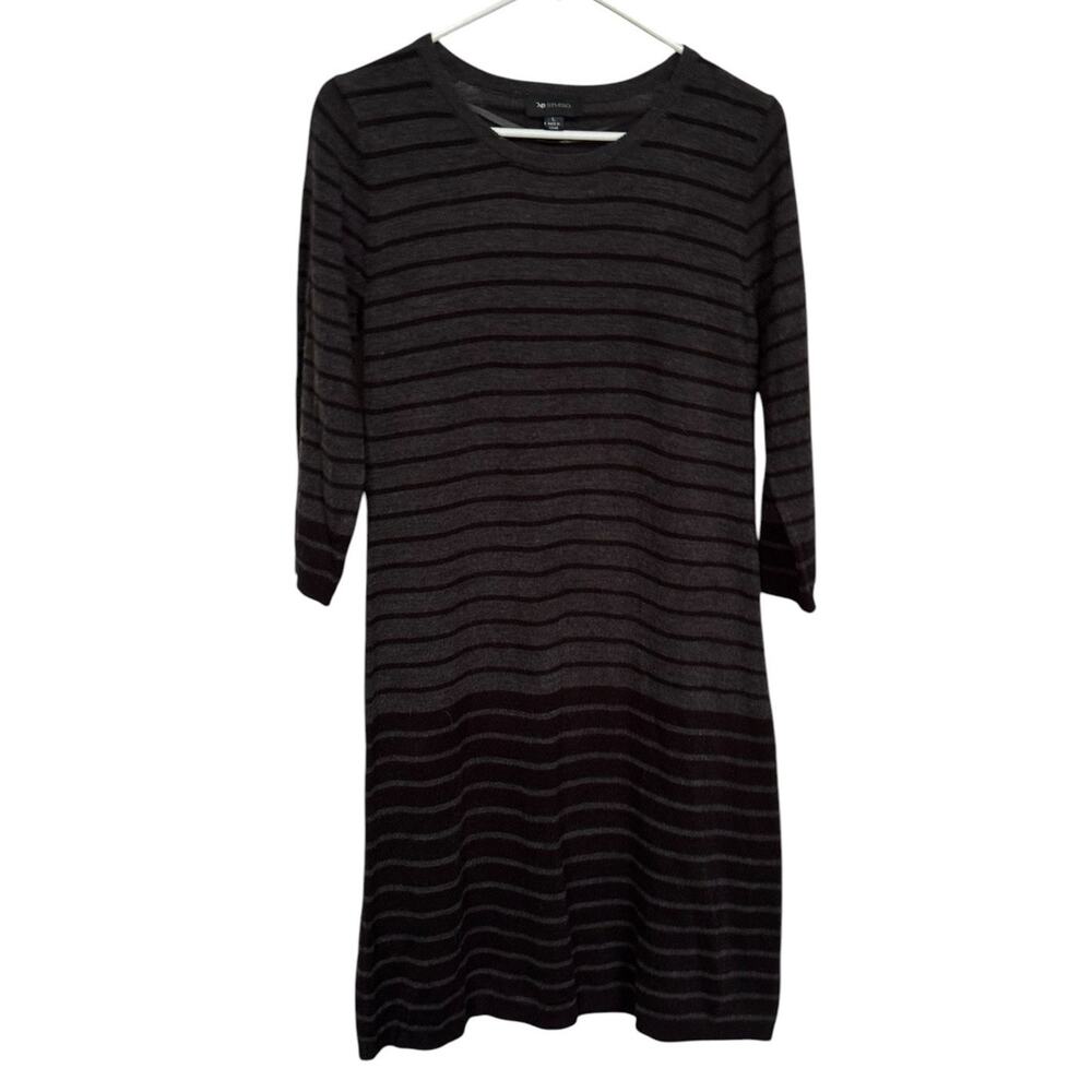 Sweater Dress AB Studio L Black Gray Striped Pullover Knee Length Stretch Fall